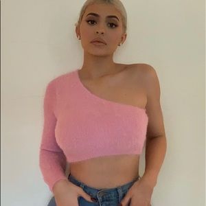 fuzzy pink  one arm crop top